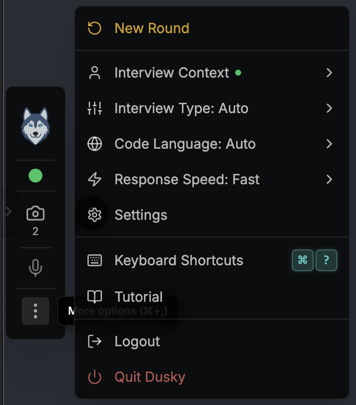 The ⋯ More options menu open, with a green dot next to Interview Context showing a CV is on file